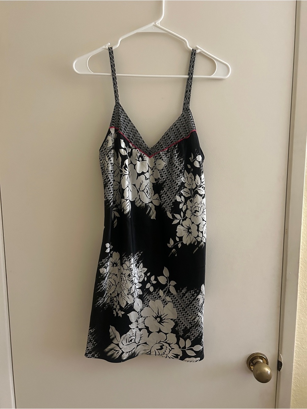 Morgan Taylor Black & White Floral Satin Slip Dress with Pink Trim